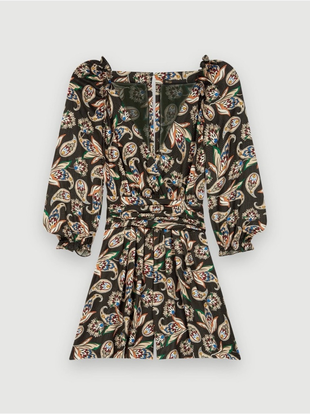 Maje Colorful Paisley-Print Wrap Detail Romper with Puff Long Sleeves
